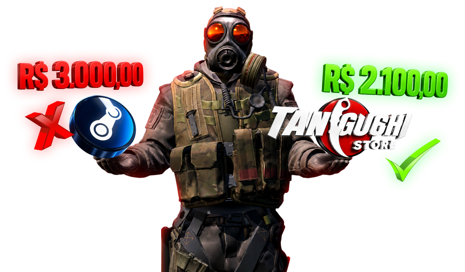 Personagem de CS2 comparando preços Steam e Taniguchi Store