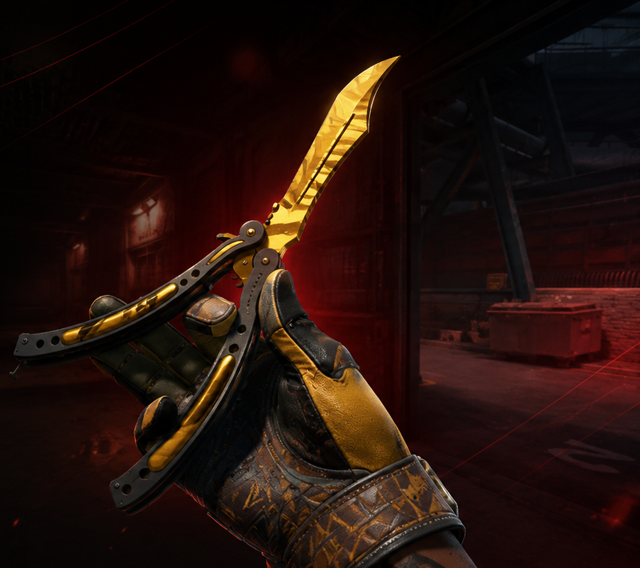 Butterfly Knife Tiger Tooth dourada em uma mão com luva de CS2